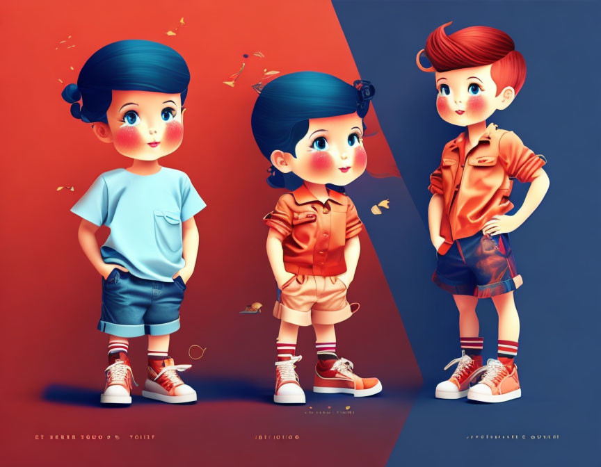 Three Stylized Animated Characters with Distinct Outfits and Colorful Backdrop