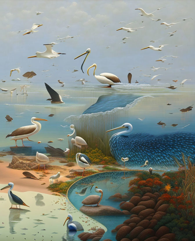 Surrealistic Painting of Birds, Fish, and Aquatic Plants in Water