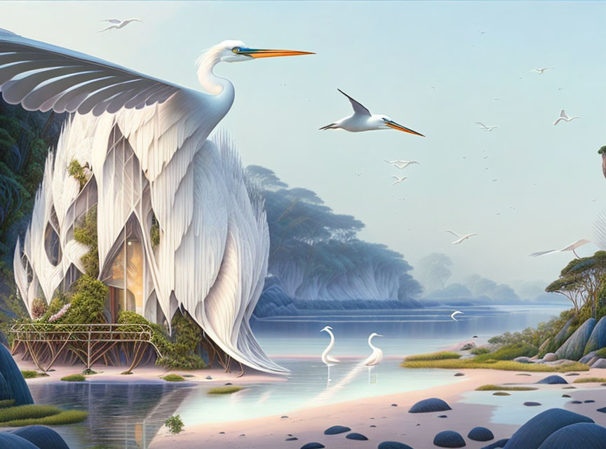 Tranquil landscape with elegant white bird and nest in lush setting