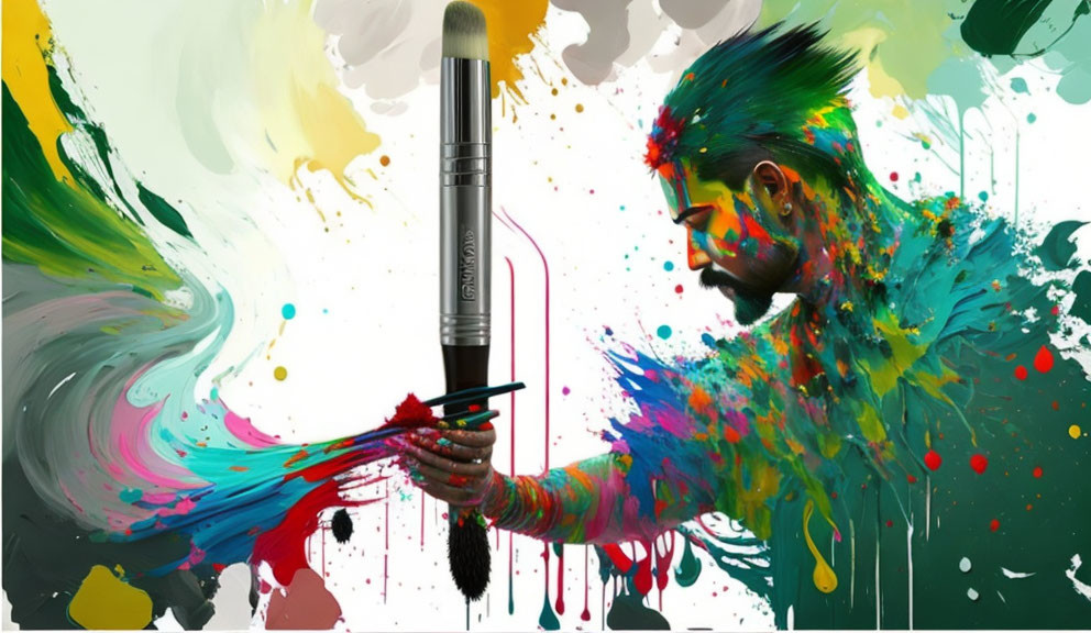 Colorful Paint Splashes Man Holding Brushes with Swirling Background