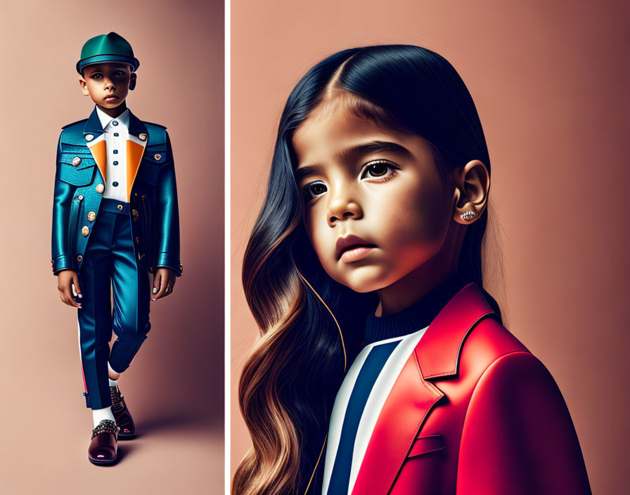 Children in stylish outfits: blue military-inspired jacket and cap, sleek red and blue blazer, posing