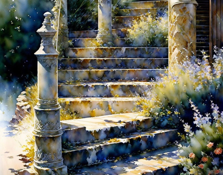 Sunlit Stone Staircase with Flowers in Watercolor