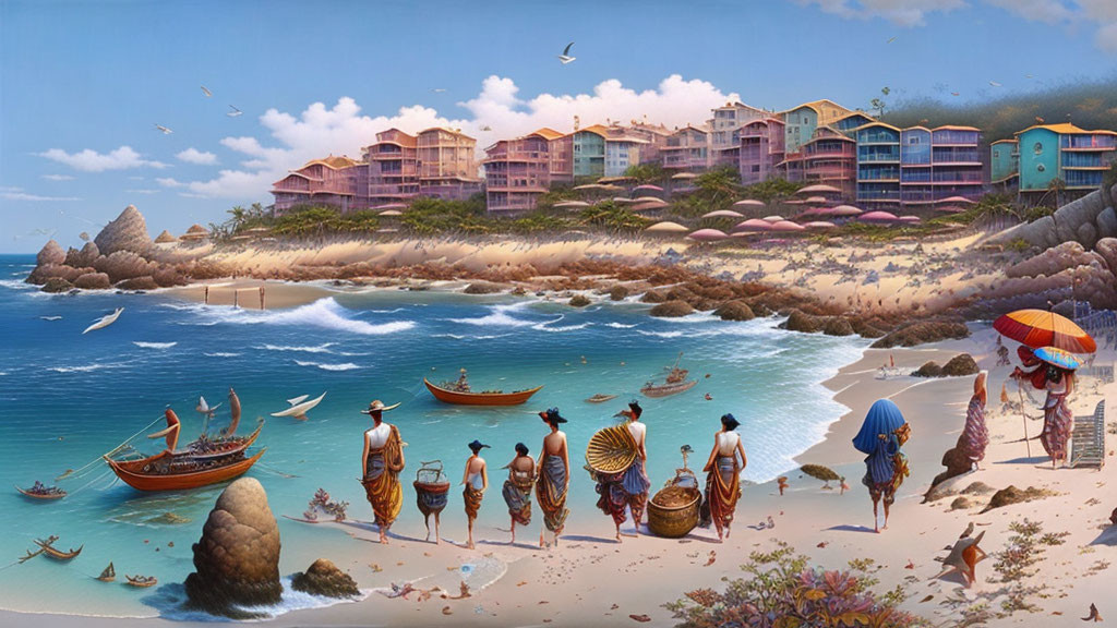 Colorful Coastal Scene with Beach-Goers, Buildings, Boats, and Birds