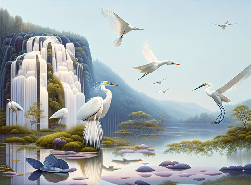 Tranquil landscape with waterfall, egrets, lake & greenery