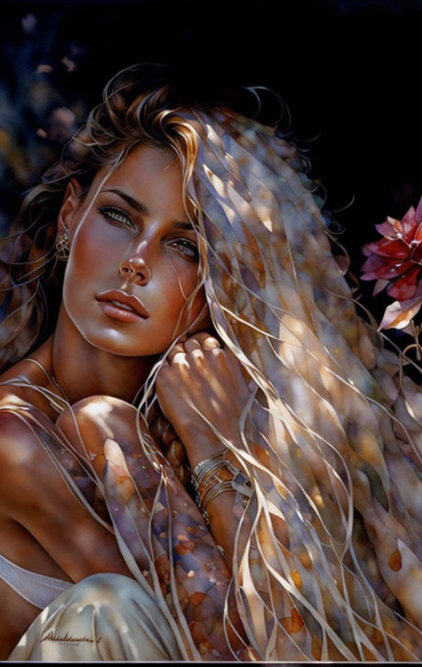 Digital painting: Woman with sun-kissed skin and blonde hair in nature scene.