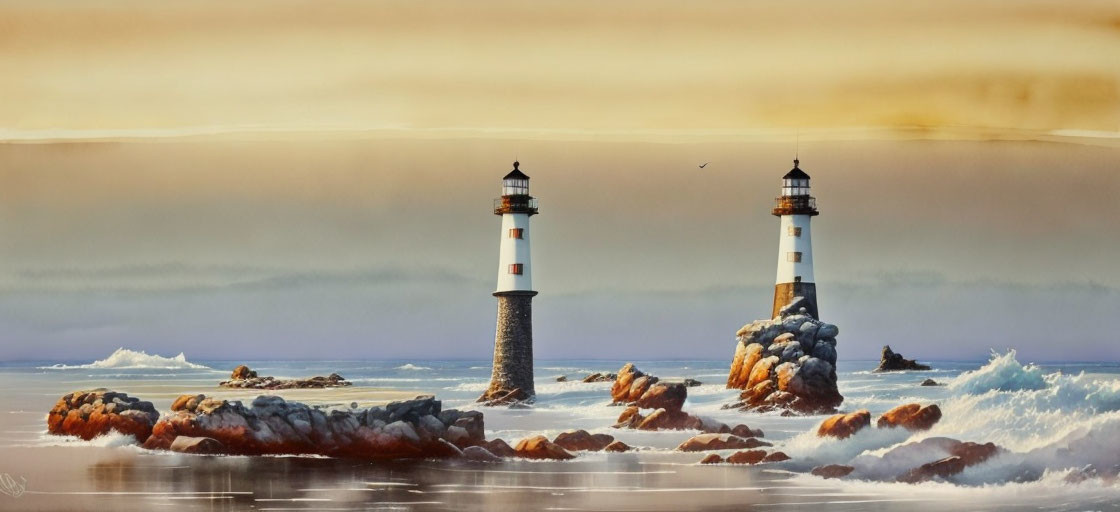 Twin lighthouses on rocky outcrops under a golden sky with a flying bird