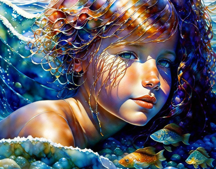 Colorful painting of girl underwater with fish and bubbles in blue tones