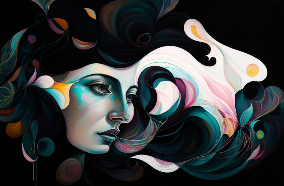 Vibrant digital artwork: Woman's profile with swirling hair and abstract patterns on dark backdrop