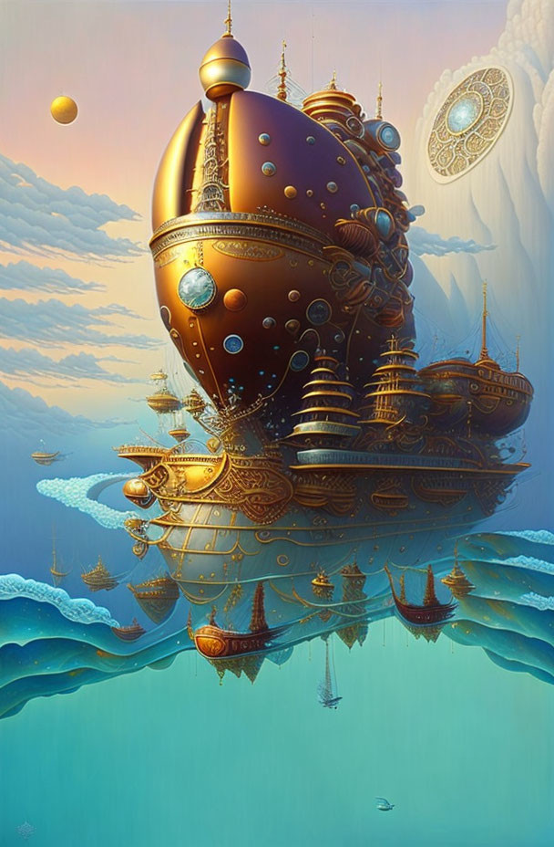 Steampunk-style ornate airship floating above serene sky and water