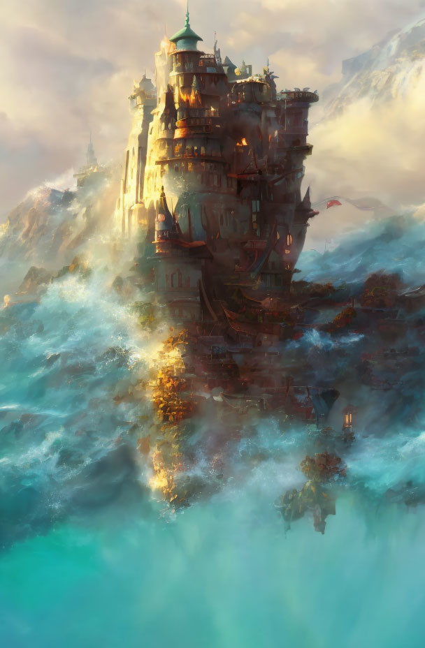 Majestic castle in turbulent ocean waves under sunlight