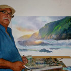 Elderly man in cap and blue jacket admiring sunrise landscape painting