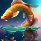 Vibrant digital artwork of fish-like creature in alien landscape