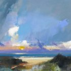 Coastal Landscape Sunset Painting with Vibrant Clouds and Calm Sea