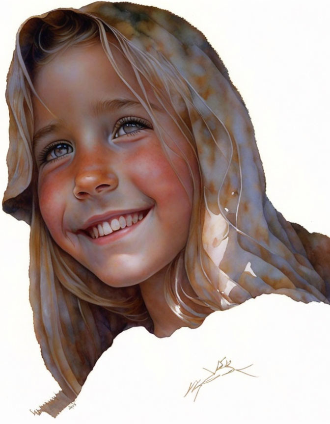 Smiling young girl with sunlit complexion and brown hair under translucent veil.