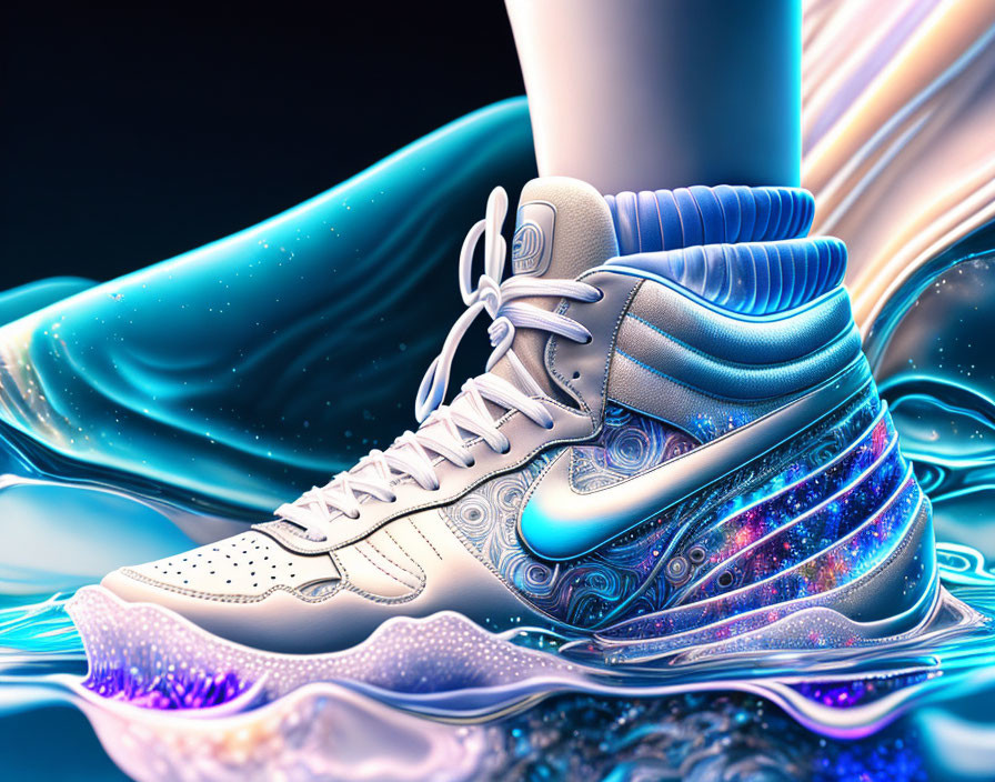 Digitally enhanced image of shimmering cosmic-patterned sneaker on glossy blue fabric.