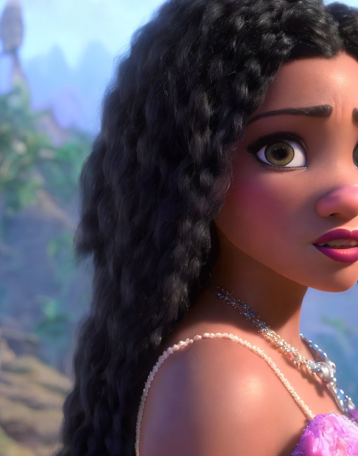 Dark Curly-Haired 3D Character with Pearl Necklace and Expressive Eyes