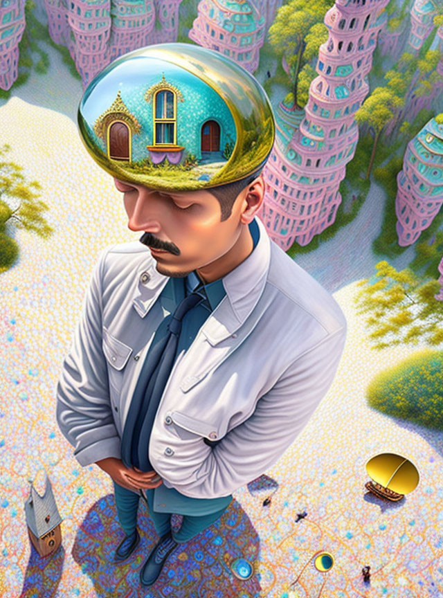 Man with Reflective Dome Head in Golden Palace Landscape