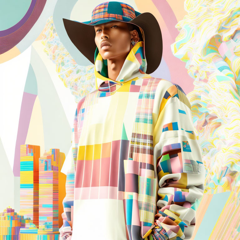 Neutral expression person in colorful checkered hoodie and wide-brimmed hat against vibrant abstract background