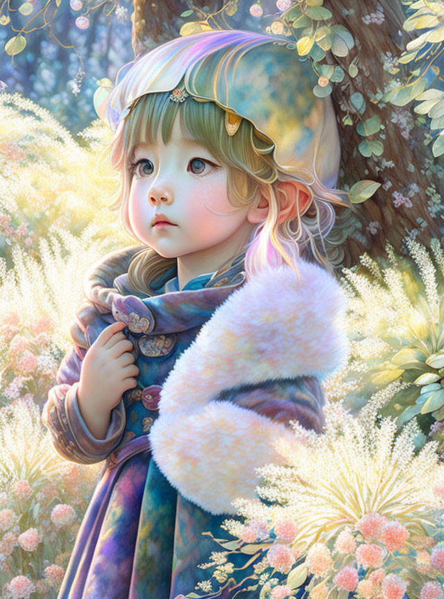 Digital painting: Young girl with green eyes in colorful outfit under tree in dreamy landscape