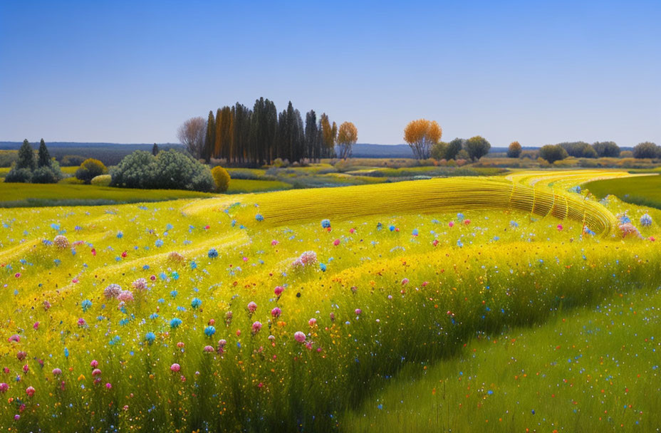 Lush Field with Vibrant Wildflowers and Tall Trees