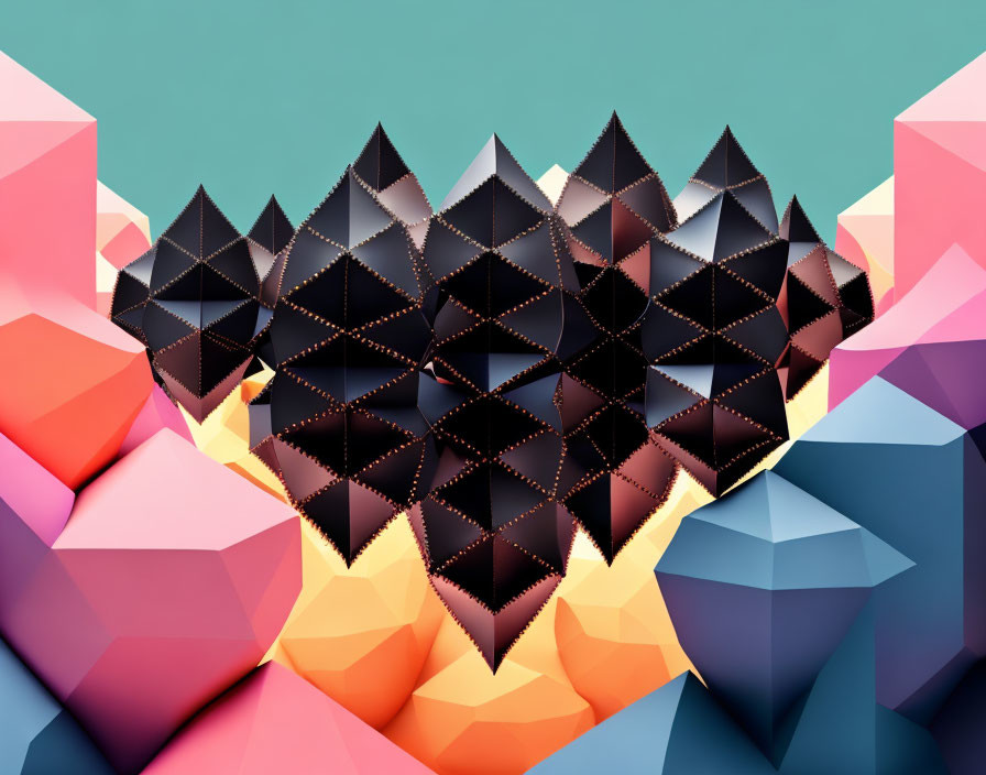 Geometric 3D pyramid heart in gradient hues on dual-tone backdrop