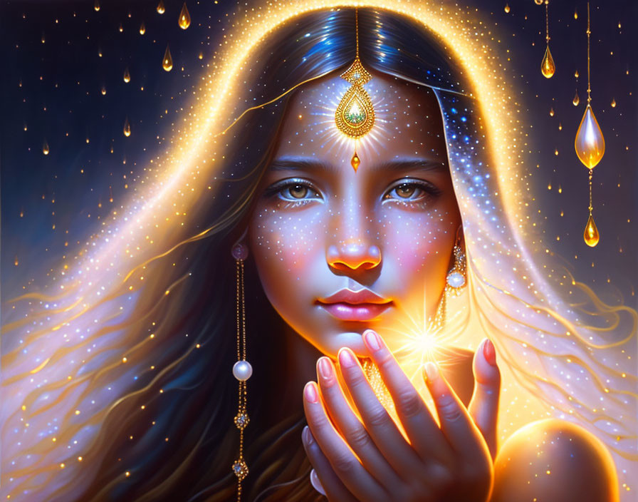 Starry-skinned woman with golden adornments holding light and ethereal droplets