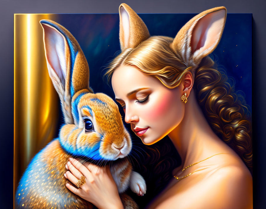 Woman with Rabbit-Like Features Embraces Large Bunny in Vibrant Colors