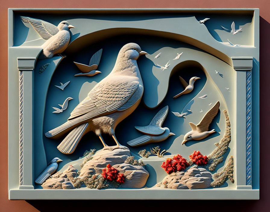 Three-dimensional artwork of birds in flight and perched on rocks with berries