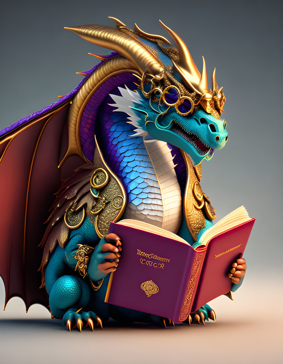 Golden-horned dragon reading purple book titled "Once Upon a Time