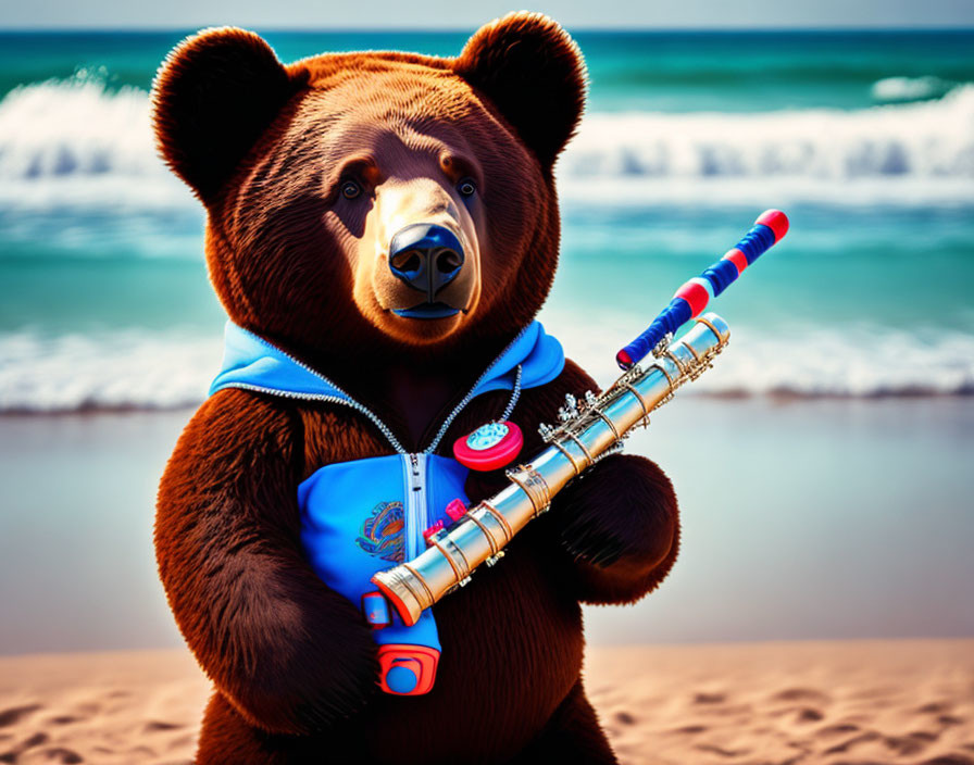 Brown bear in blue hoodie with clarinet at beach shore