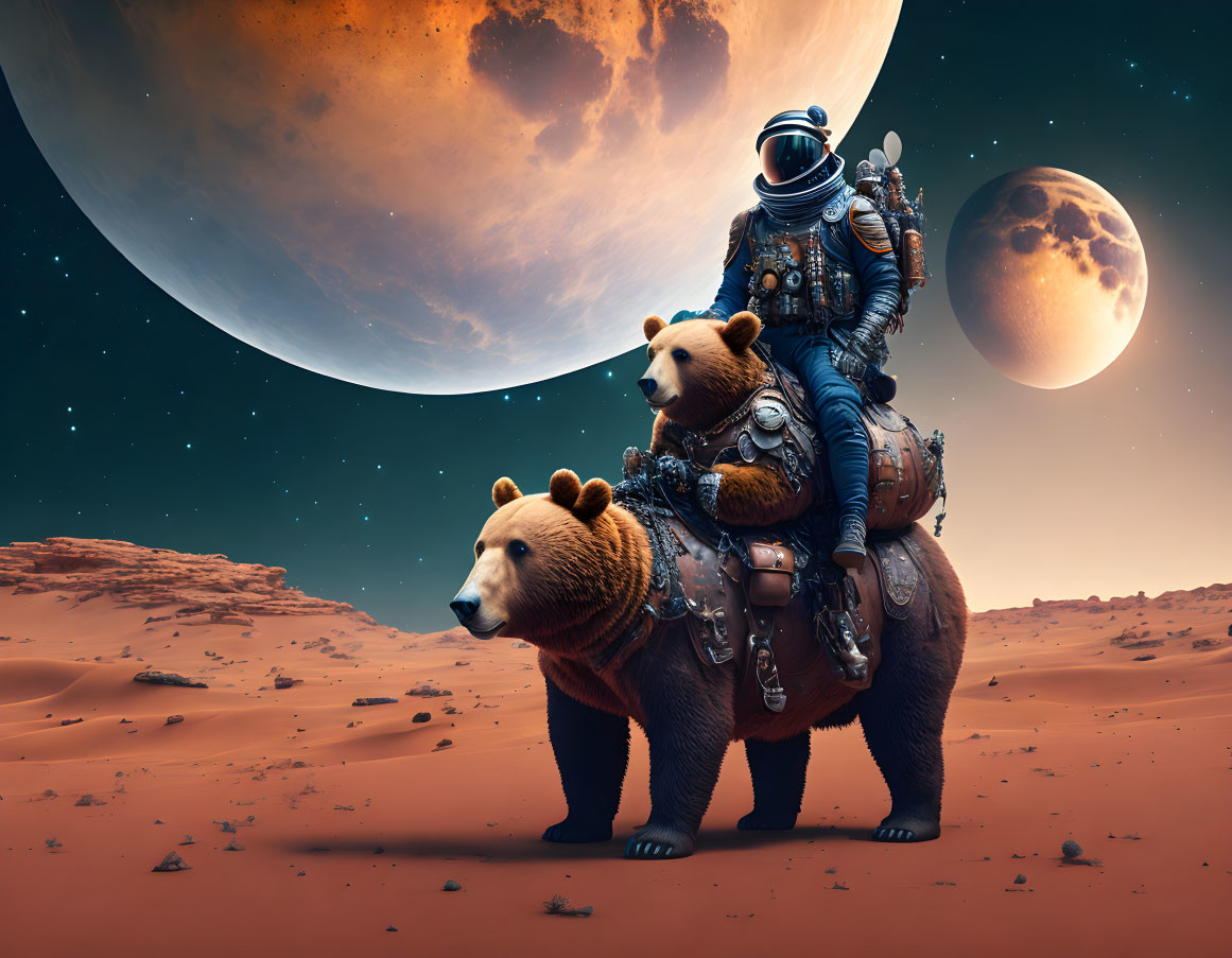 Astronaut on bear with cub in desert alien planet with moons