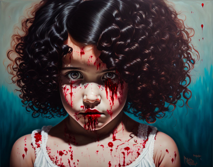 Intense-eyed girl with curly hair in digital painting with blood splatters on blue background