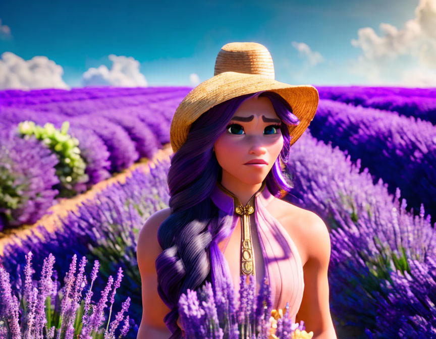 3D animated young woman in lavender field with straw hat