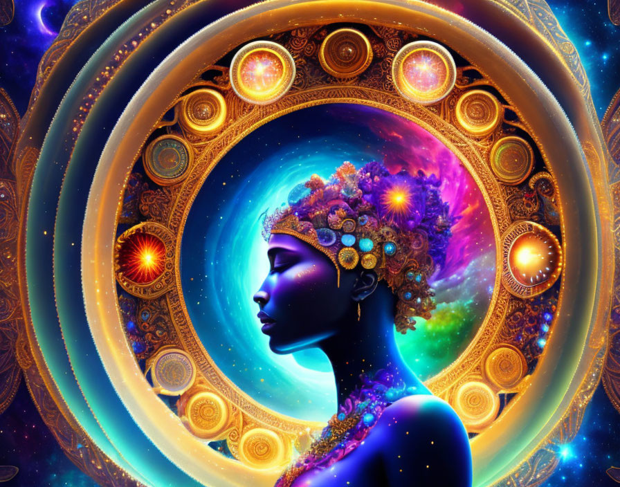 Cosmic-themed digital artwork of woman with galaxy afro.