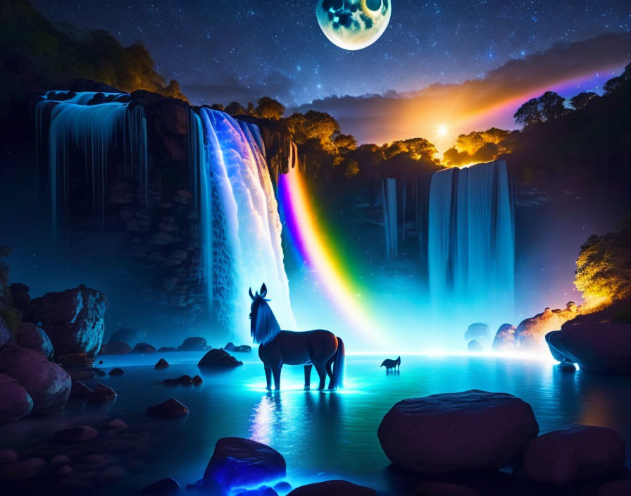 Majestic waterfall with rainbow, moonlight, elk, and starry sky