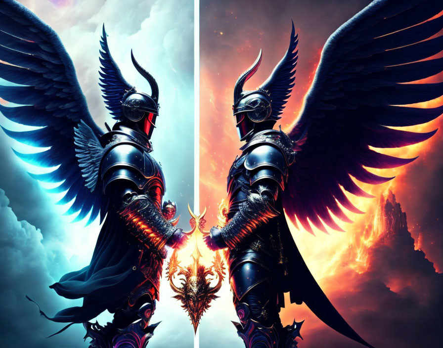 Armored winged figures with helmets and spears in cosmic setting.