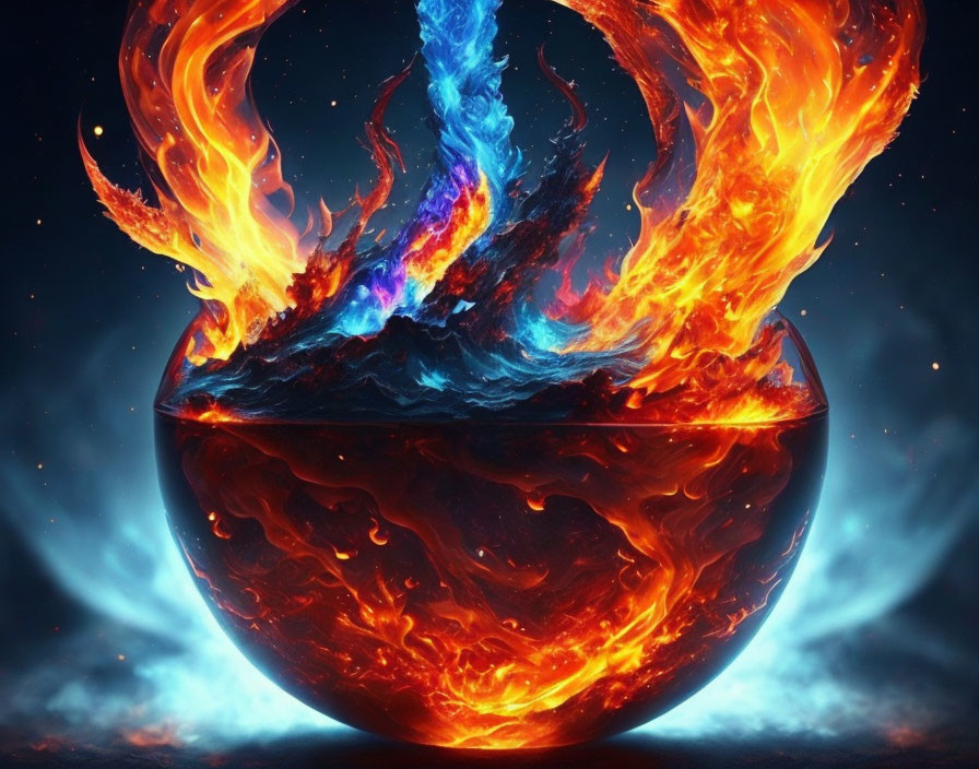 Digital Artwork: Elemental Contrast of Fiery Flames and Cool Blue Water