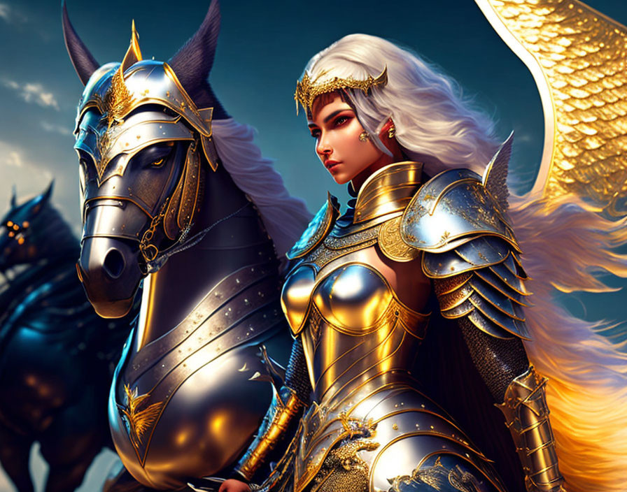 Fantasy digital artwork: Female warrior with winged helmet & armored horse under dramatic sky