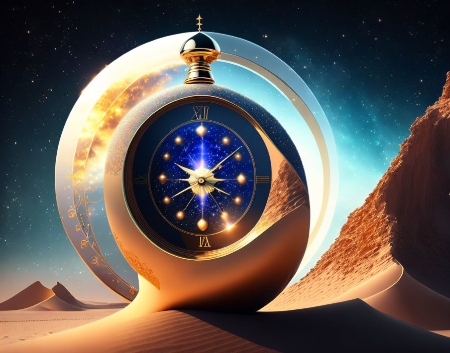 Surreal desert landscape with ornate pocket watch and starry sky