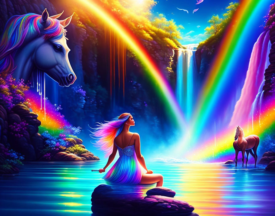 Woman meditates in magical landscape with unicorns and rainbows