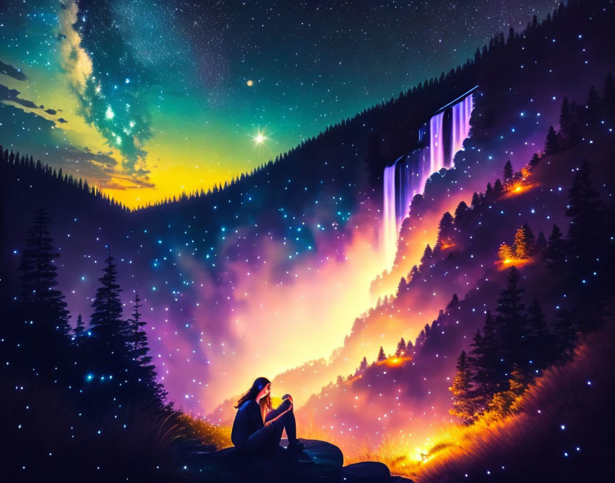 Person sitting on rock in vibrant forest under starry sky by waterfall with cosmic aurora lights.