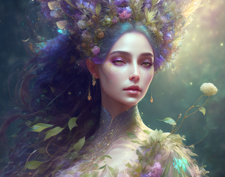 Fantasy digital portrait of a woman with floral headpiece in mystical green ambiance