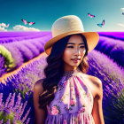 3D animated young woman in lavender field with straw hat