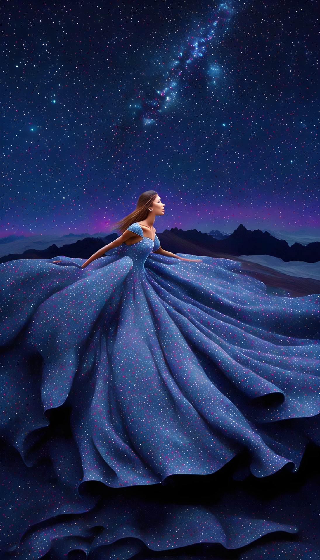 Woman in flowing blue gown gazes at distant mountain under starry night sky