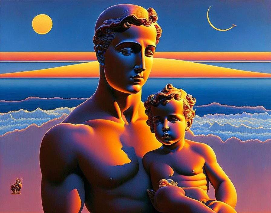 Classical figure holding child under vibrant sunset