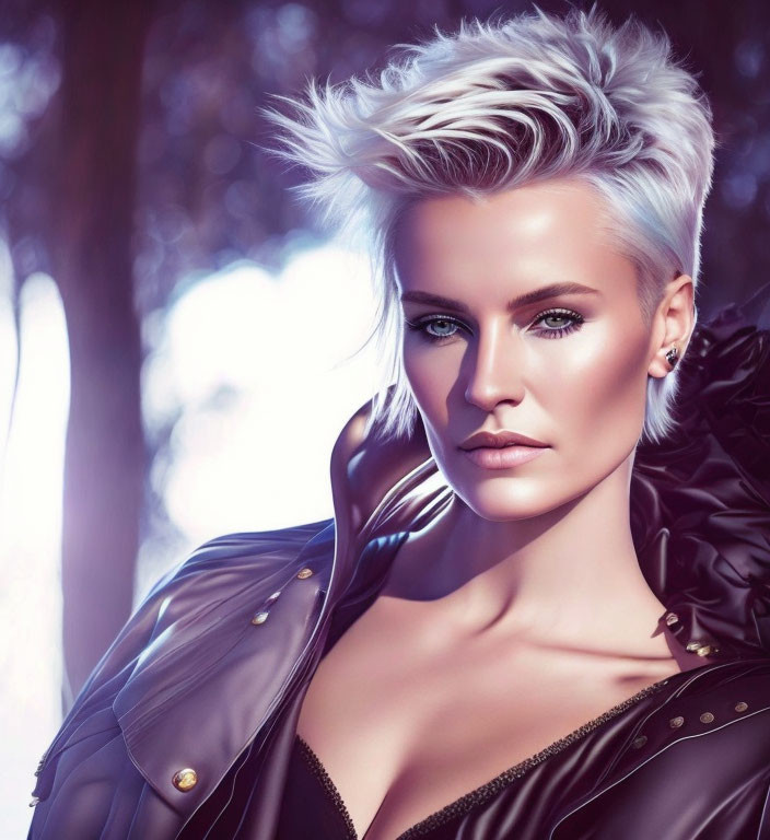 Portrait of a person with platinum blonde hair and black leather jacket