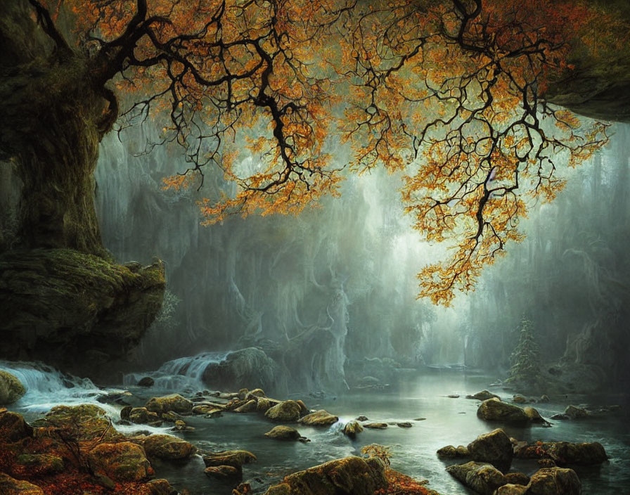 Tranquil Forest Scene with Autumn Leaves, River, and Sunbeams