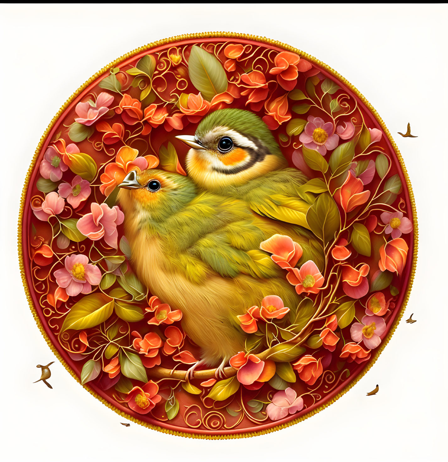 Stylized birds in vibrant floral patterns on ornate circular background