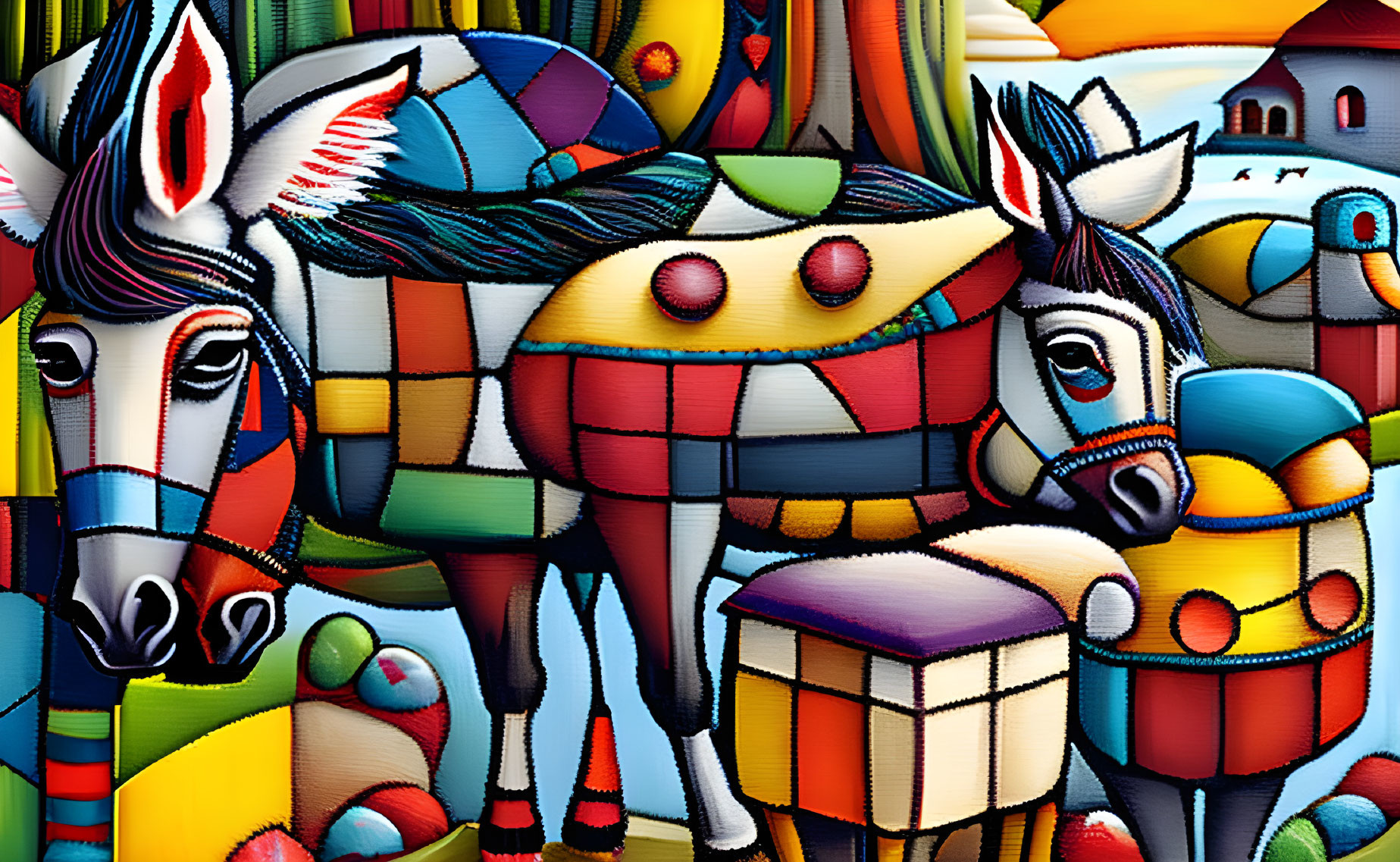 Vibrant stylized image of two patterned horses in abstract village scene