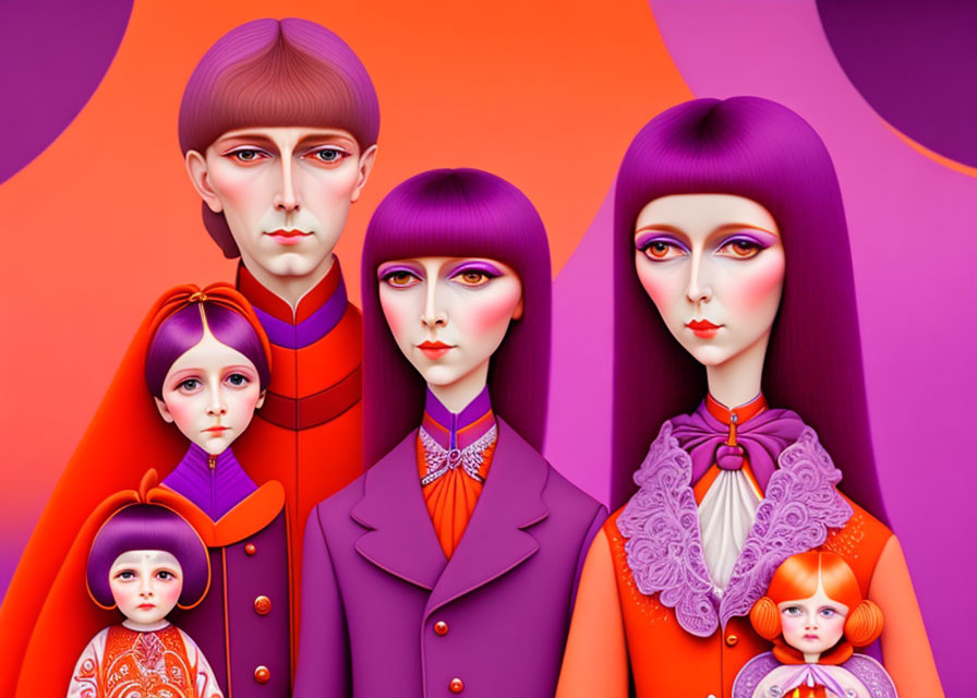 Stylized characters with purple hair and orange attire on violet backdrop